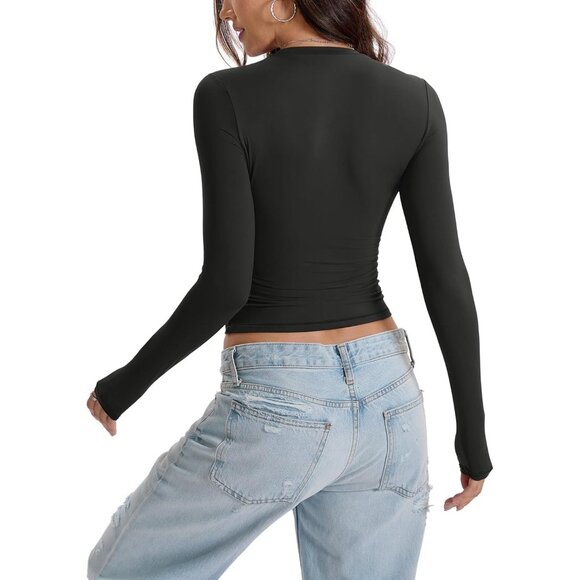 Women's Double Lined Long Sleeve Crop Top Fitted Crew Neck T Shirt - Picture 5 of 6